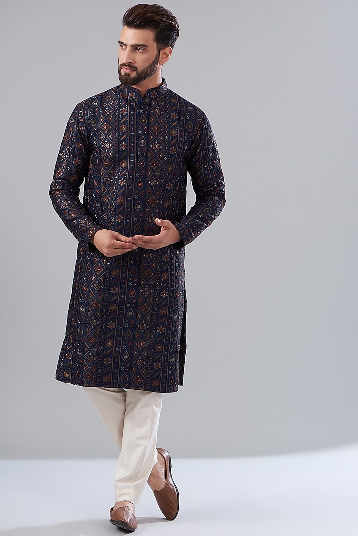 Navy Blue Silk Embroidered Kurta Set by Kasbah Clothing at Pernia's Pop Up Shop