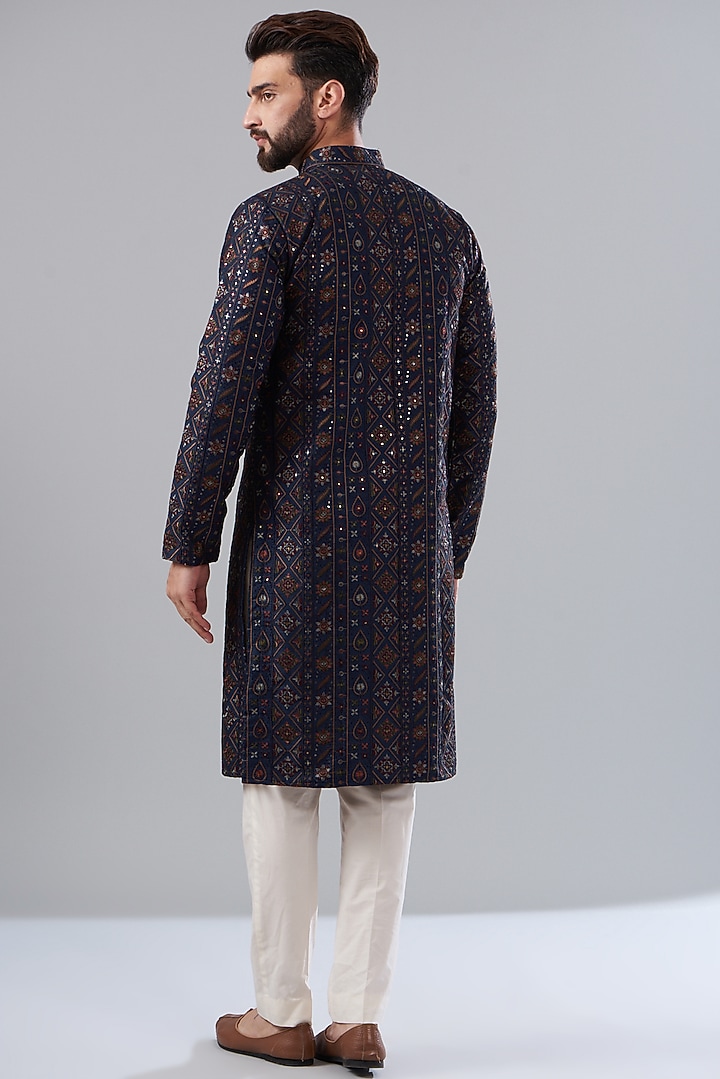 Navy Blue Silk Embroidered Kurta Set by Kasbah Clothing at Pernia's Pop Up Shop