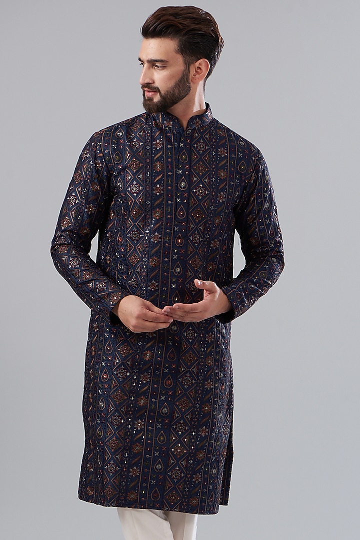 Navy Blue Silk Embroidered Kurta Set by Kasbah Clothing at Pernia's Pop Up Shop
