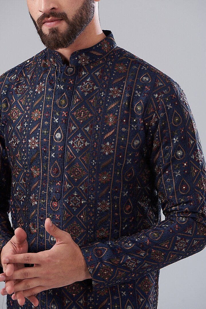 Navy Blue Silk Embroidered Kurta Set by Kasbah Clothing at Pernia's Pop Up Shop