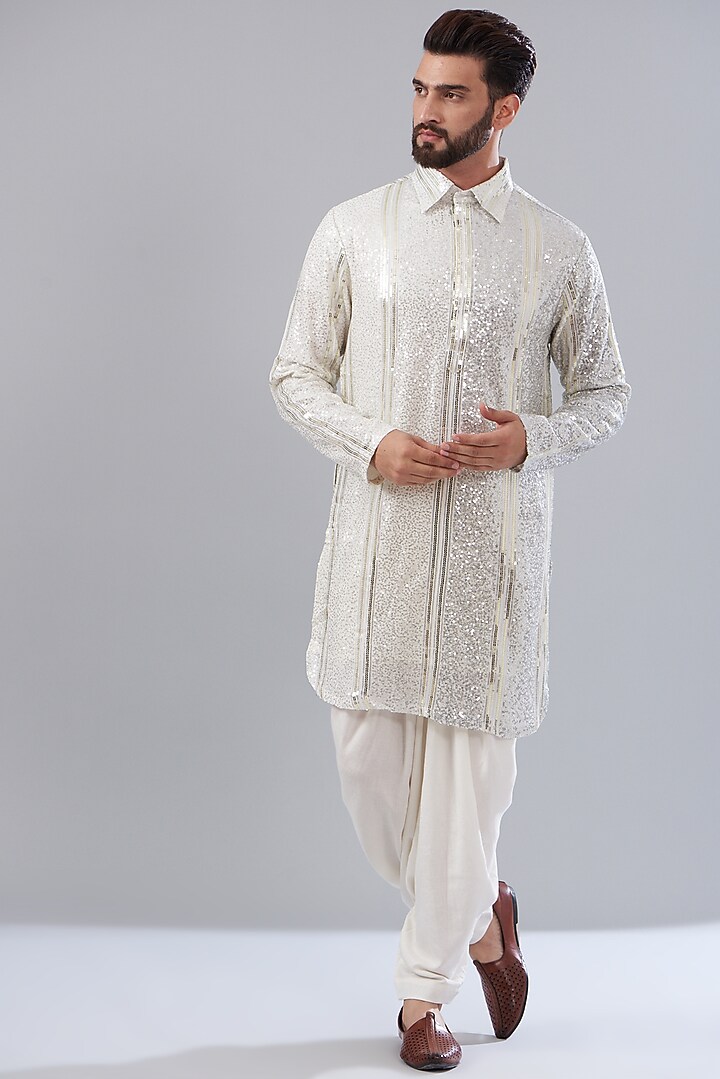 White & Silver Georgette Embroidered Kurta Set by Kasbah Clothing at Pernia's Pop Up Shop