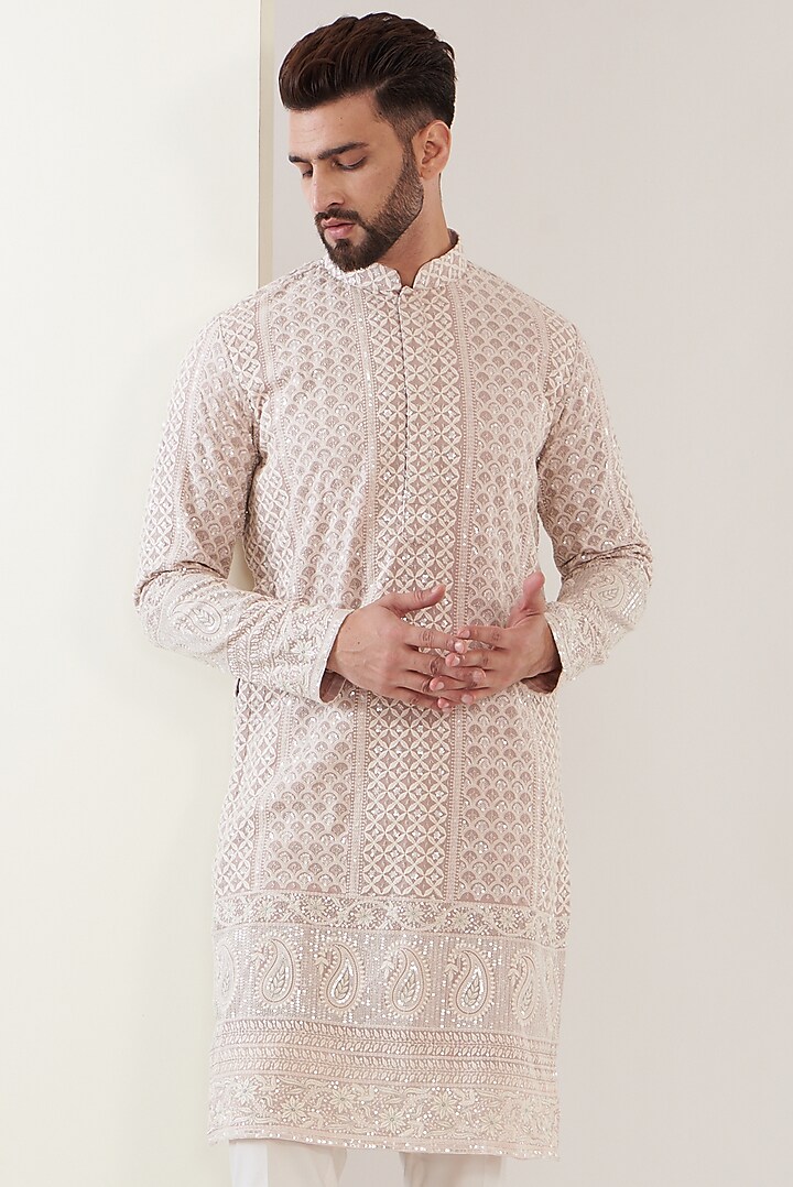 Light Mud Pink Georgette Embroidered Lucknowi Kurta Set by Kasbah Clothing at Pernia's Pop Up Shop