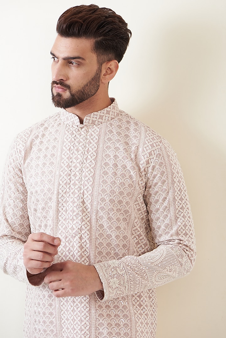 Light Mud Pink Georgette Embroidered Lucknowi Kurta Set by Kasbah Clothing at Pernia's Pop Up Shop