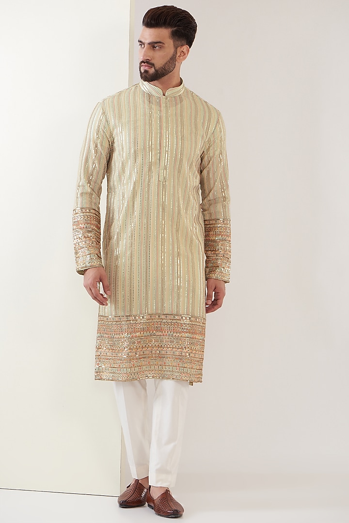 Green & Beige Georgette Sequins Embroidered Kurta Set by Kasbah Clothing at Pernia's Pop Up Shop