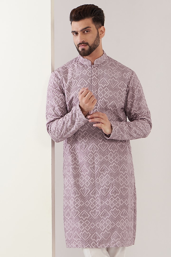 Lilac Silk Embroidered Chikankari Kurta Set by Kasbah Clothing at Pernia's Pop Up Shop