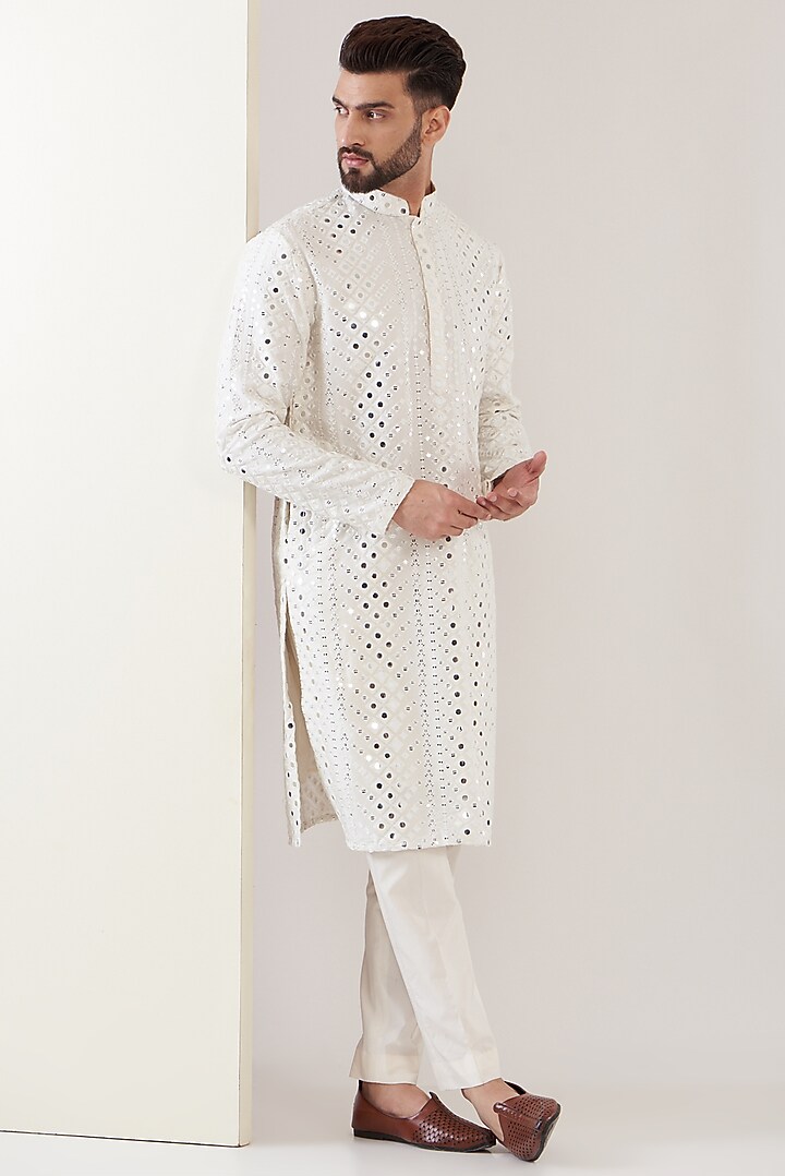 White Silk Embroidered Kurta Set by Kasbah Clothing at Pernia's Pop Up Shop