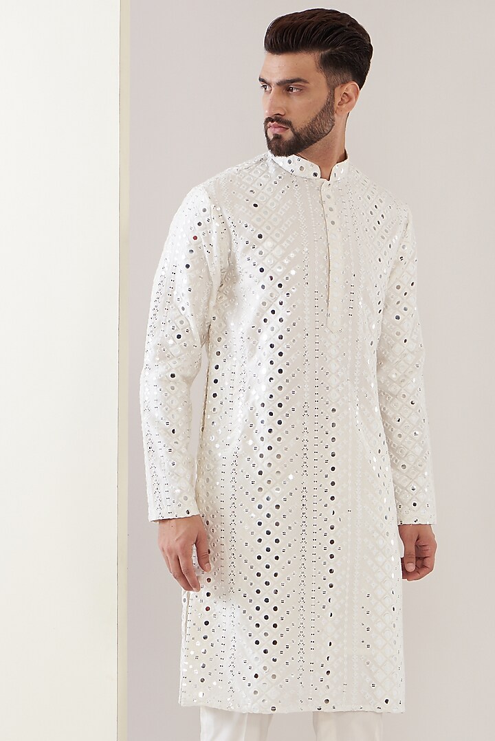 White Silk Embroidered Kurta Set by Kasbah Clothing at Pernia's Pop Up Shop