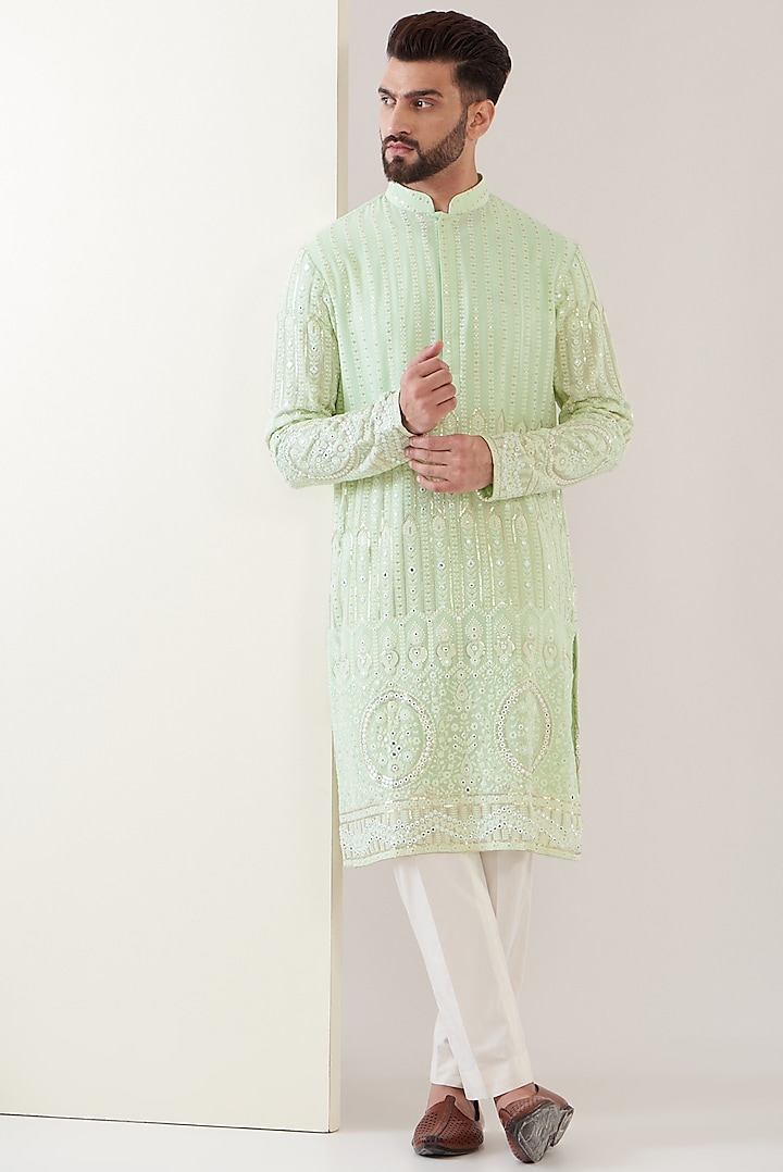 Light Green Georgette Embroidered Kurta Set by Kasbah Clothing at Pernia's Pop Up Shop