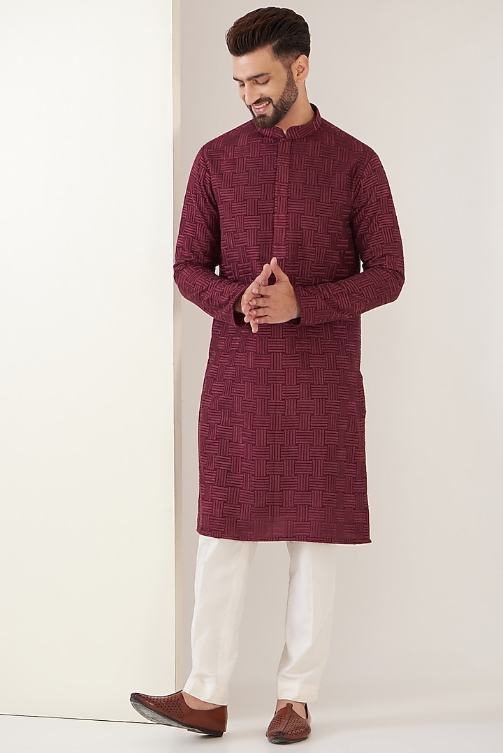 Maroon Silk Embroidered Kurta Set by Kasbah Clothing at Pernia's Pop Up Shop
