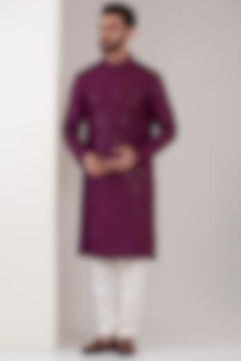 Purple Silk Embroidered Kurta Set by Kasbah Clothing at Pernia's Pop Up Shop