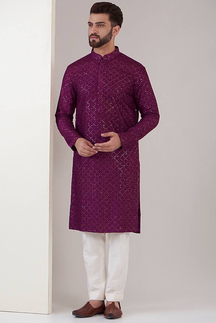Purple Silk Embroidered Kurta Set by Kasbah Clothing at Pernia's Pop Up Shop