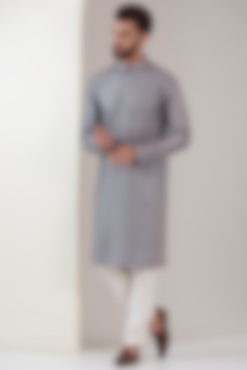 Electric Grey Silk Embroidered Chikankari Kurta Set by Kasbah Clothing
