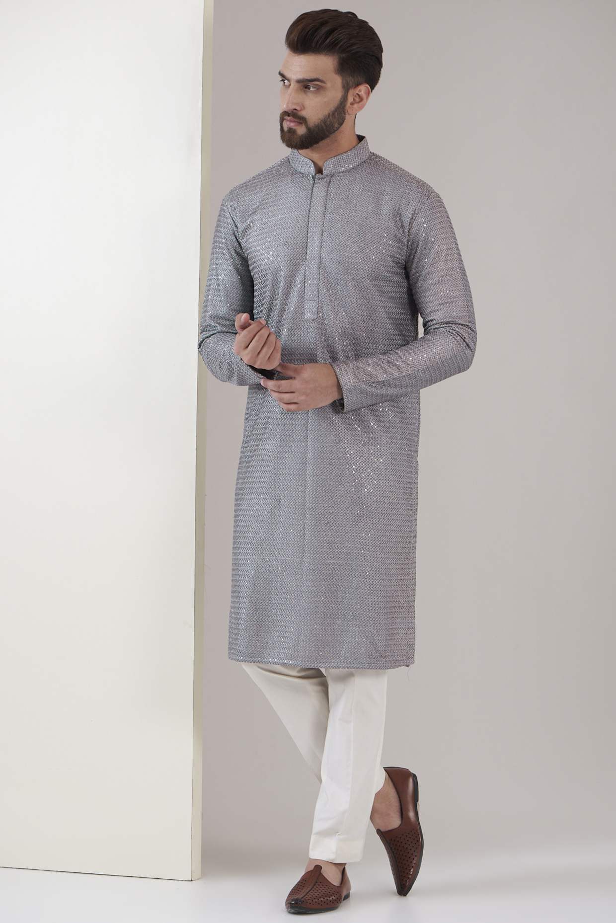 Electric Grey Silk Embroidered Chikankari Kurta Set by Kasbah Clothing