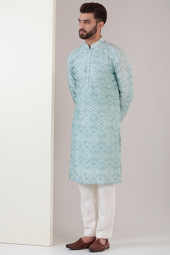 Mint Blue Embroidered Chikankari Kurta Set Design by Kasbah