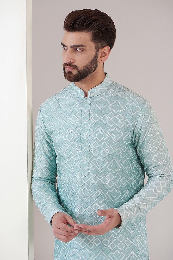 Mint Blue Georgette Embroidered Chikankari Kurta Set by Kasbah Clothing at Pernia's Pop Up Shop