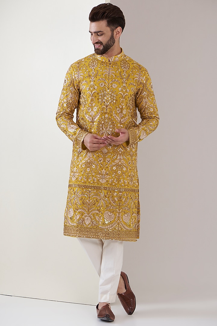 Yellow Georgette Embroidered Kurta Set by Kasbah Clothing at Pernia's Pop Up Shop
