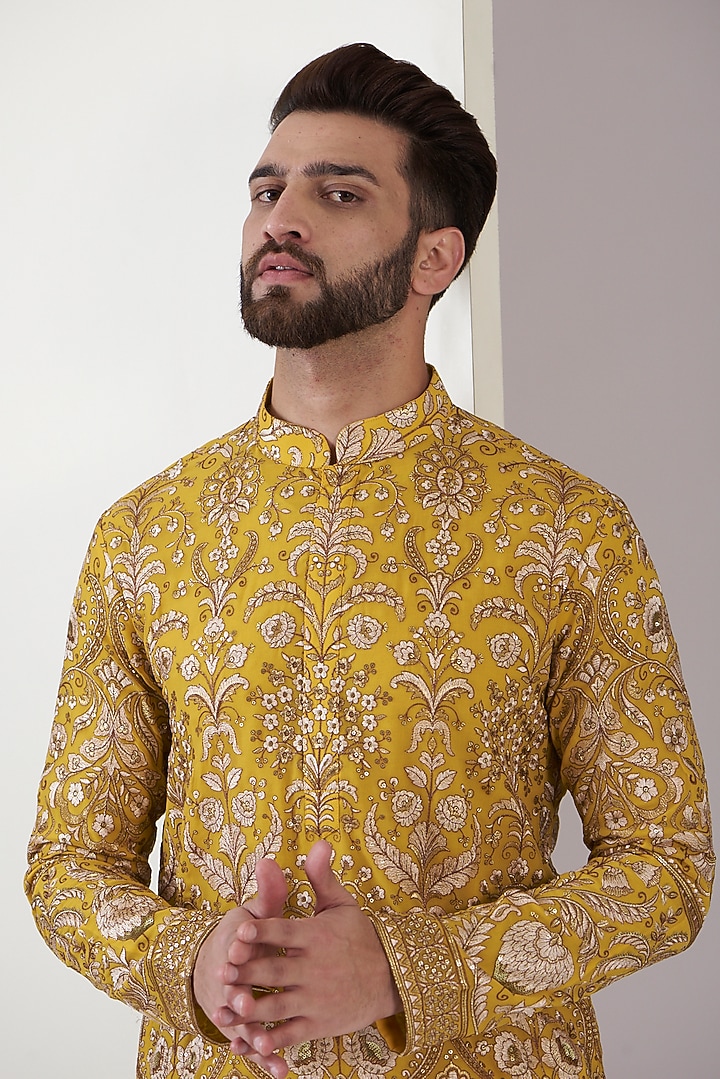 Yellow Georgette Embroidered Kurta Set by Kasbah Clothing at Pernia's Pop Up Shop