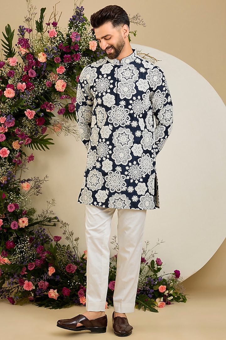 Navy Blue Silk Floral Embroidered Kurta by Kasbah Clothing at Pernia's Pop Up Shop