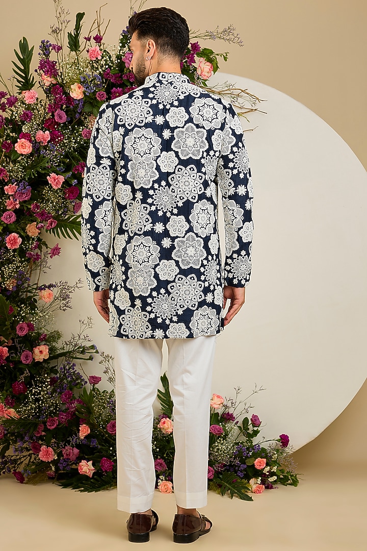 Navy Blue Silk Floral Embroidered Kurta by Kasbah Clothing at Pernia's Pop Up Shop