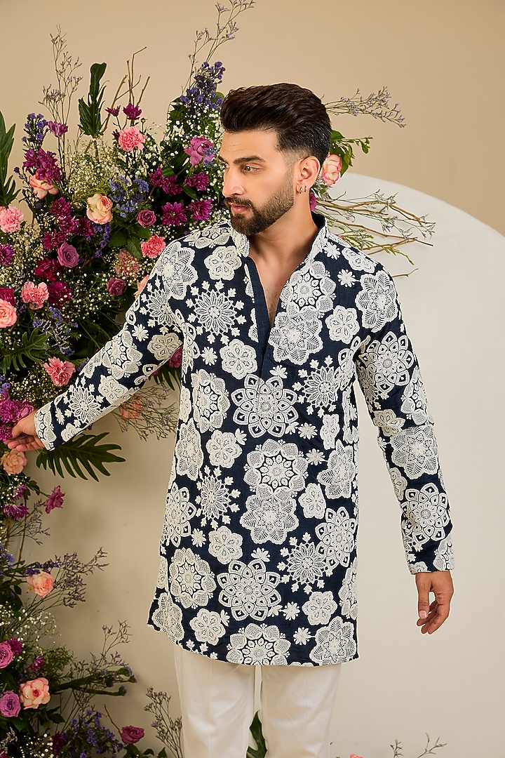 Navy Blue Silk Floral Embroidered Kurta by Kasbah Clothing at Pernia's Pop Up Shop