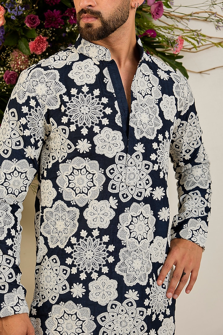 Navy Blue Silk Floral Embroidered Kurta by Kasbah Clothing at Pernia's Pop Up Shop
