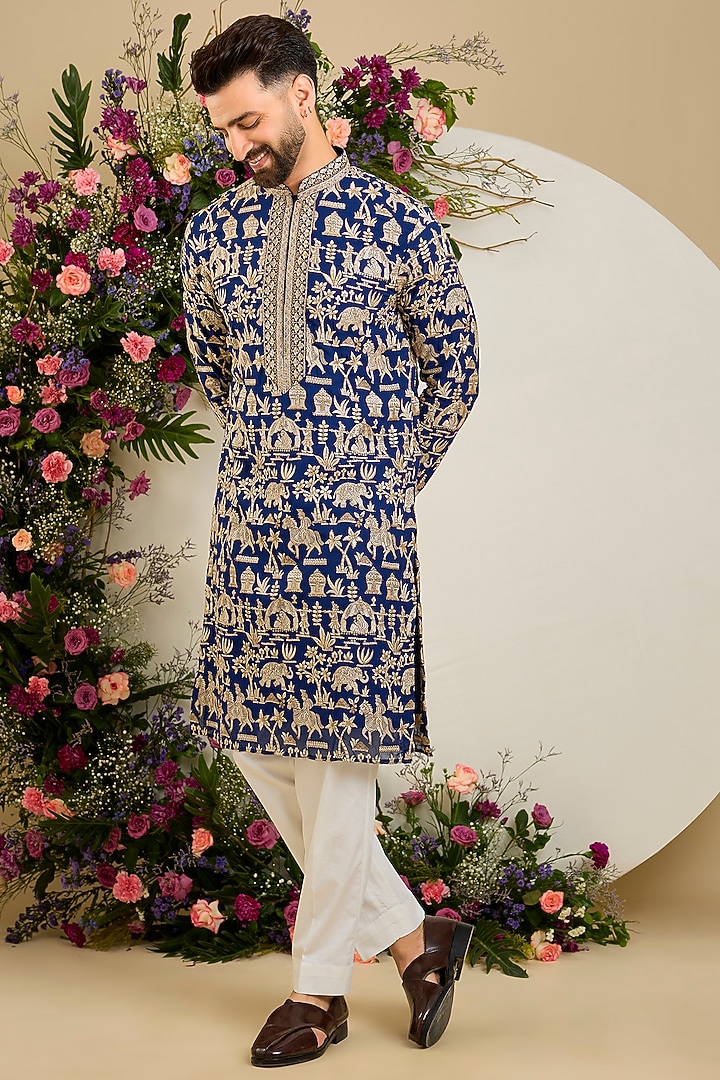Royal Blue Georgette Sequin Embroidered Kurta by Kasbah Clothing at Pernia's Pop Up Shop