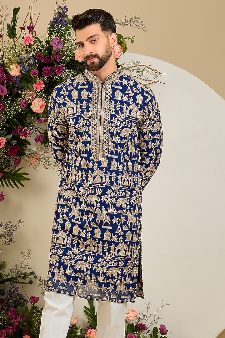 Royal Blue Georgette Sequin Embroidered Kurta by Kasbah Clothing at Pernia's Pop Up Shop