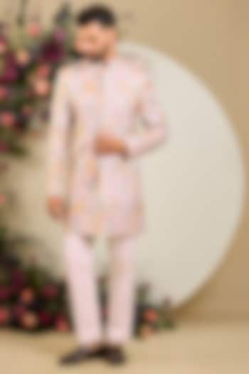 Blush Pink Silk Sequin & Floral Embroidered Wedding Sherwani by Kasbah Clothing at Pernia's Pop Up Shop