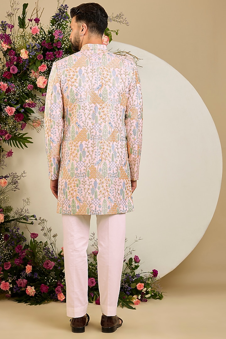 Blush Pink Silk Sequin & Floral Embroidered Wedding Sherwani by Kasbah Clothing at Pernia's Pop Up Shop