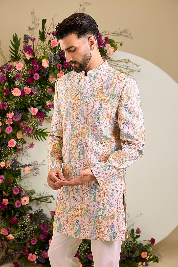 Blush Pink Silk Sequin & Floral Embroidered Wedding Sherwani by Kasbah Clothing at Pernia's Pop Up Shop