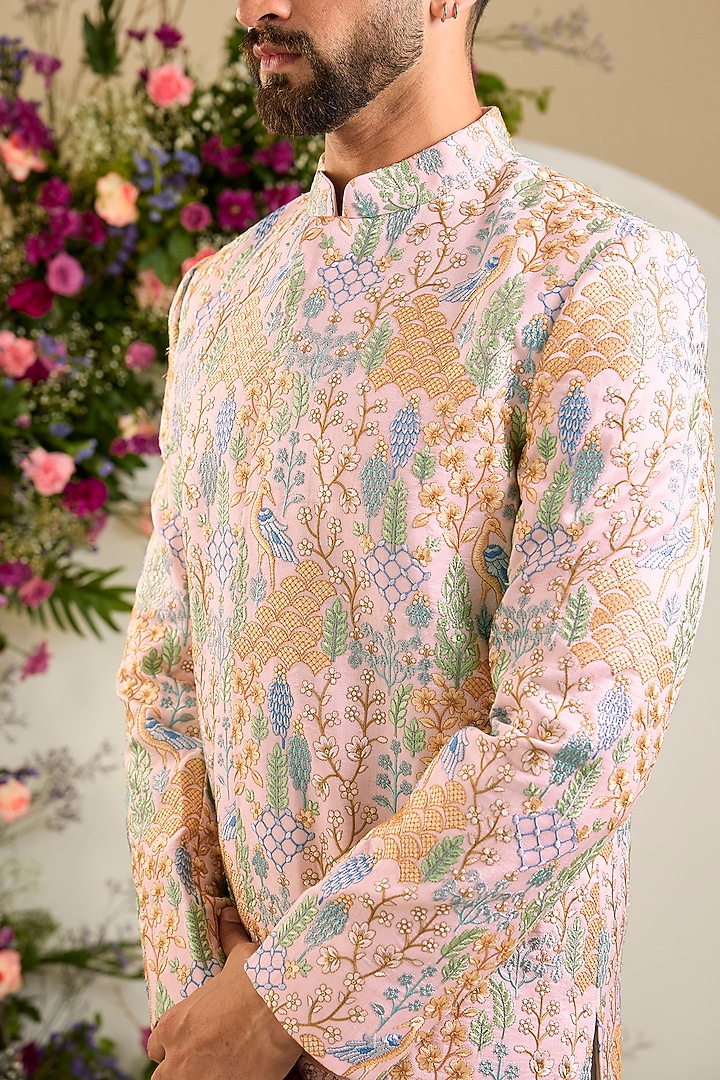 Blush Pink Silk Sequin & Floral Embroidered Wedding Sherwani by Kasbah Clothing at Pernia's Pop Up Shop