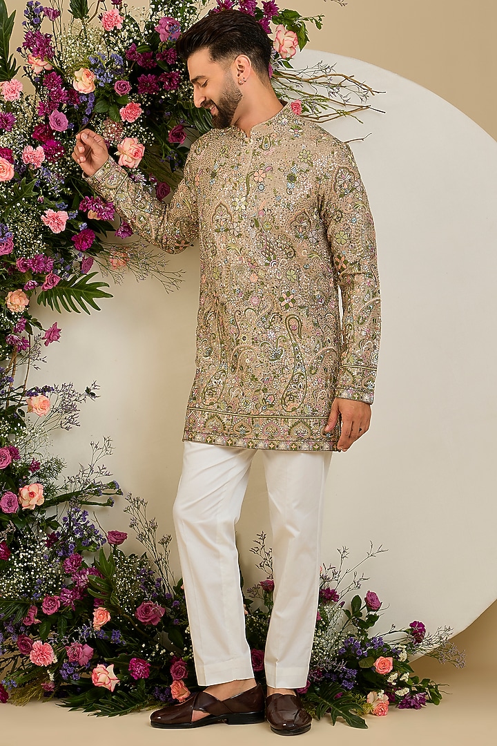 Mouse Grey Georgette Floral Embroidered Kurta by Kasbah Clothing at Pernia's Pop Up Shop