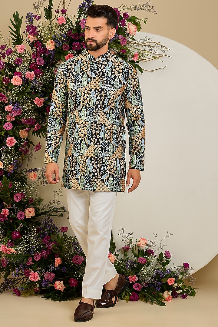 Black Silk Sequin & Floral Embroidered Kurta by Kasbah Clothing at Pernia's Pop Up Shop