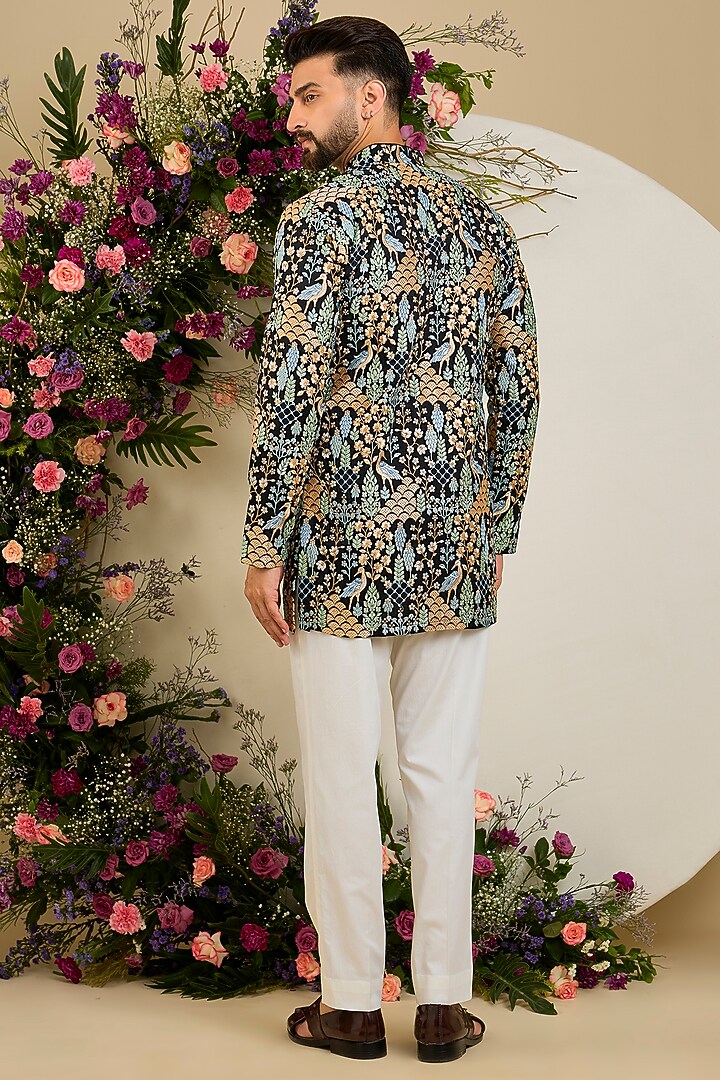 Black Silk Sequin & Floral Embroidered Kurta by Kasbah Clothing at Pernia's Pop Up Shop