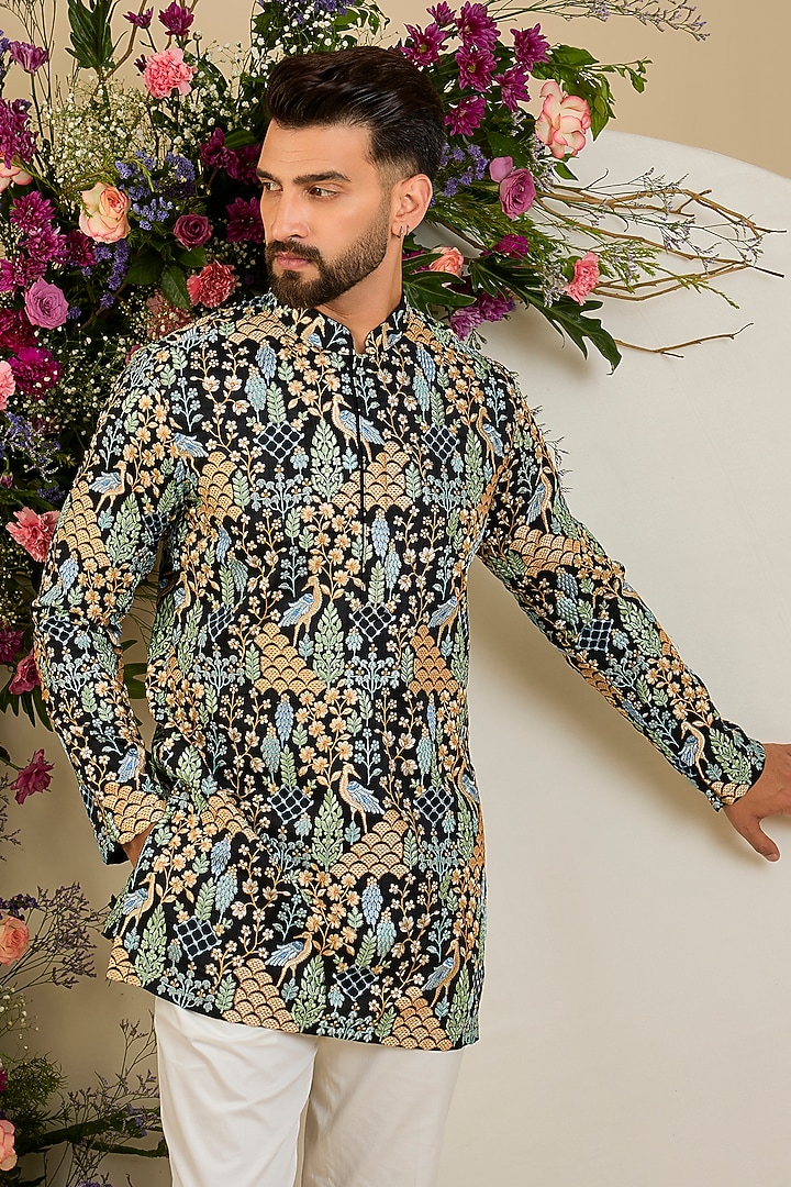 Black Silk Sequin & Floral Embroidered Kurta by Kasbah Clothing at Pernia's Pop Up Shop