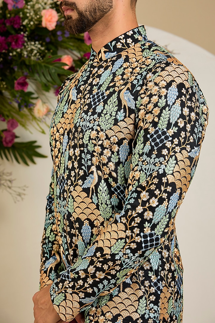 Black Silk Sequin & Floral Embroidered Kurta by Kasbah Clothing at Pernia's Pop Up Shop