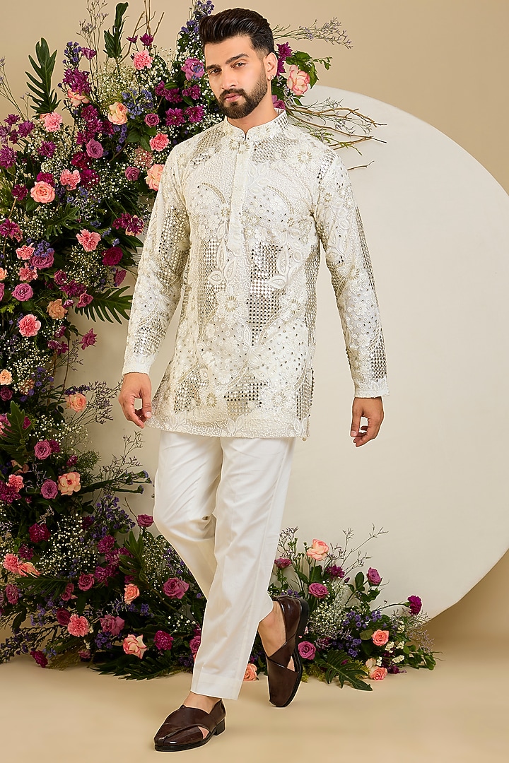 Ivory Net Mirror & Zari Embroidered Short Kurta by Kasbah Clothing at Pernia's Pop Up Shop