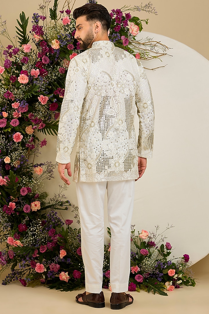 Ivory Net Mirror & Zari Embroidered Short Kurta by Kasbah Clothing at Pernia's Pop Up Shop