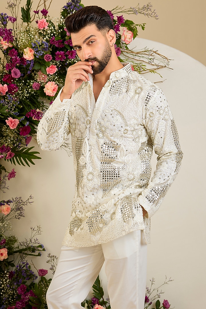 Ivory Net Mirror & Zari Embroidered Short Kurta by Kasbah Clothing at Pernia's Pop Up Shop