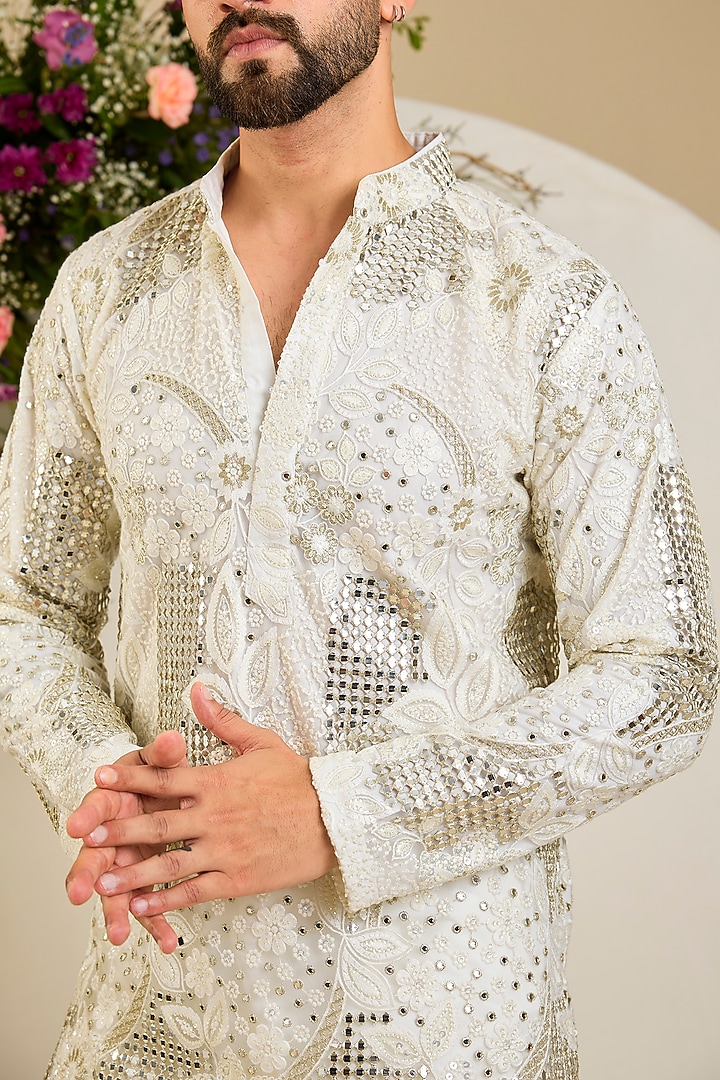 Ivory Net Mirror & Zari Embroidered Short Kurta by Kasbah Clothing at Pernia's Pop Up Shop