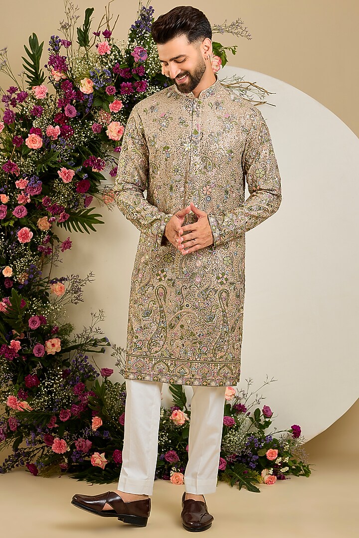 Mouse Grey Georgette Sequin Embroidered Kurta by Kasbah Clothing at Pernia's Pop Up Shop