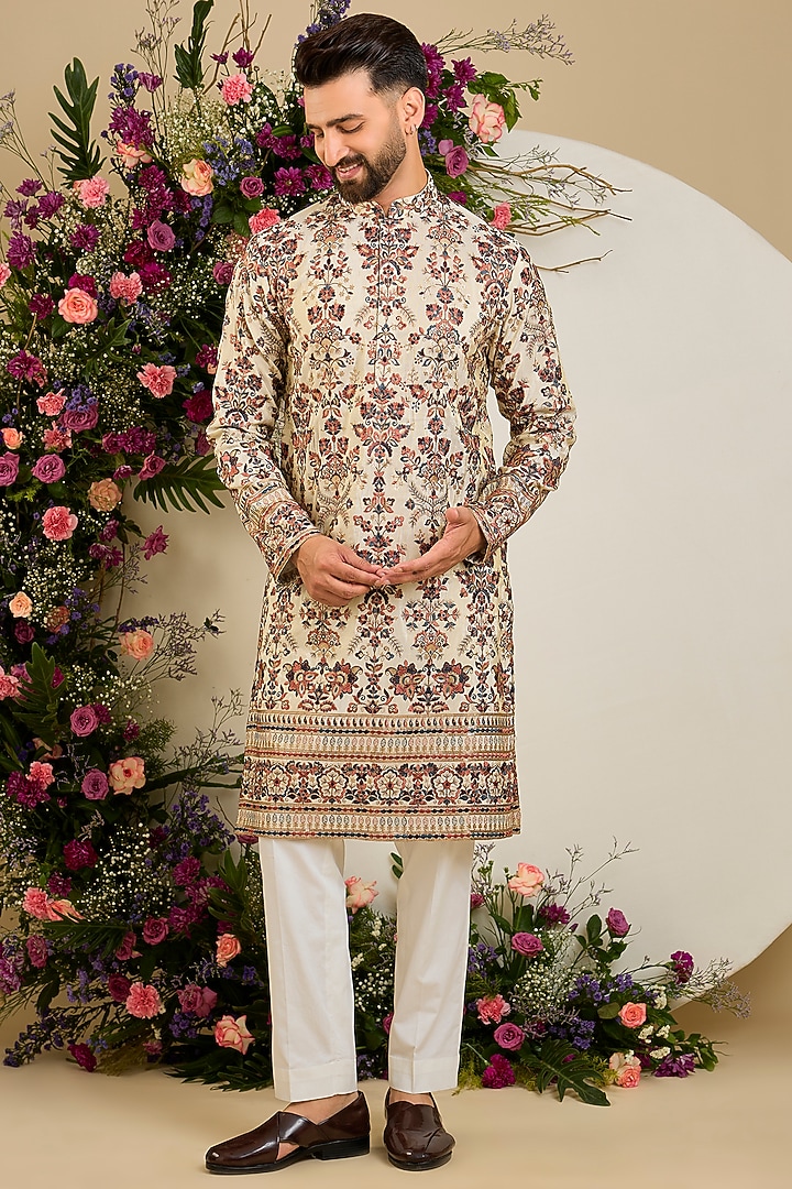 Golden Tissue Floral & Sequin Embroidered Kurta by Kasbah Clothing at Pernia's Pop Up Shop