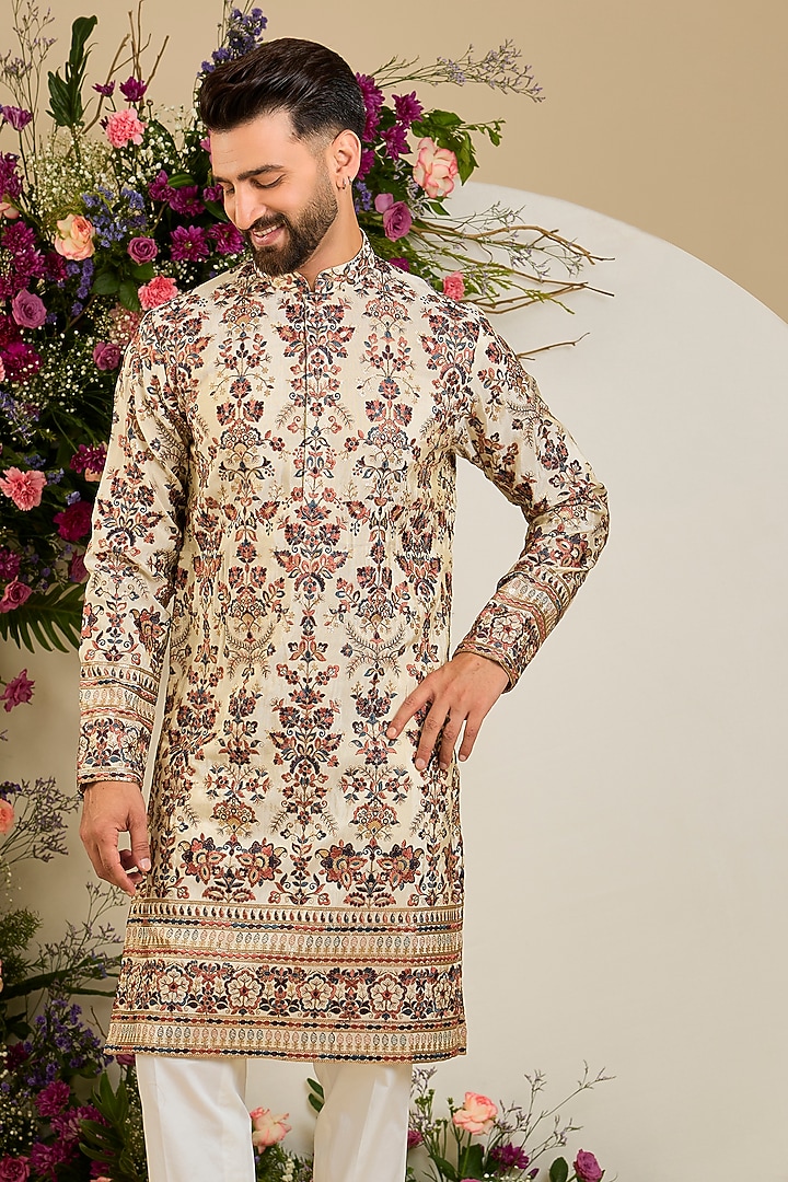 Golden Tissue Floral & Sequin Embroidered Kurta by Kasbah Clothing at Pernia's Pop Up Shop