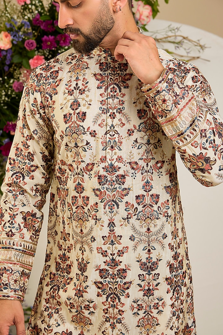 Golden Tissue Floral & Sequin Embroidered Kurta by Kasbah Clothing at Pernia's Pop Up Shop