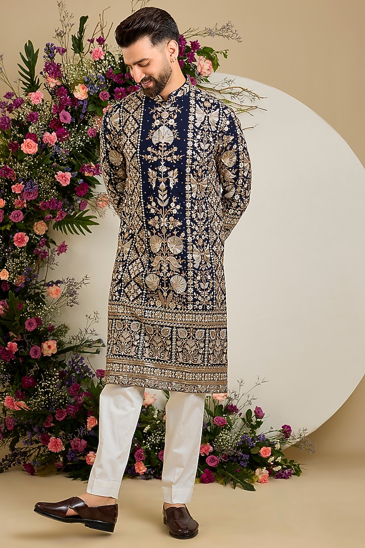 Navy Blue Georgette Zari & Floral Embroidered Kurta by Kasbah Clothing at Pernia's Pop Up Shop