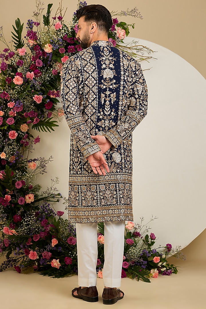 Navy Blue Georgette Zari & Floral Embroidered Kurta by Kasbah Clothing at Pernia's Pop Up Shop