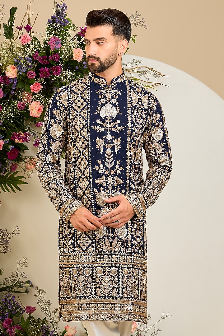 Navy Blue Georgette Zari & Floral Embroidered Kurta by Kasbah Clothing at Pernia's Pop Up Shop