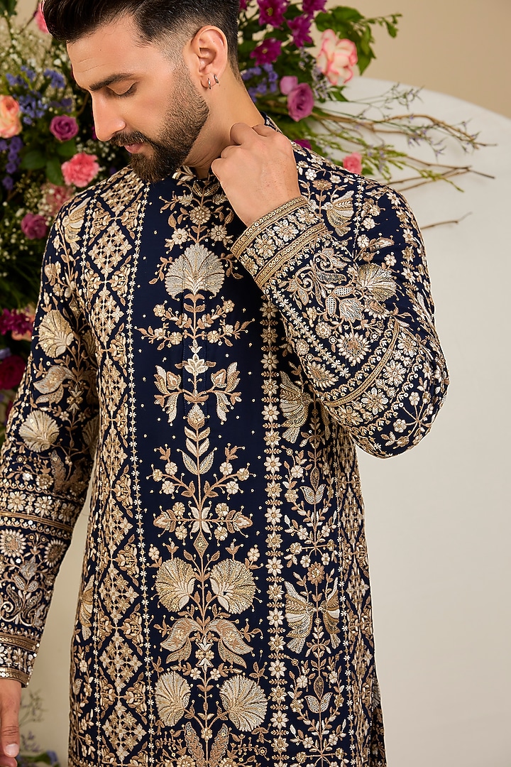 Navy Blue Georgette Zari & Floral Embroidered Kurta by Kasbah Clothing at Pernia's Pop Up Shop