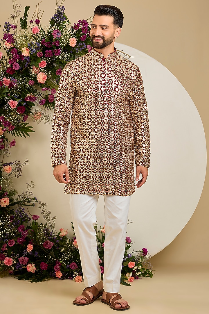 Maroon Georgette Sequin Embroidered Short Kurta by Kasbah Clothing at Pernia's Pop Up Shop