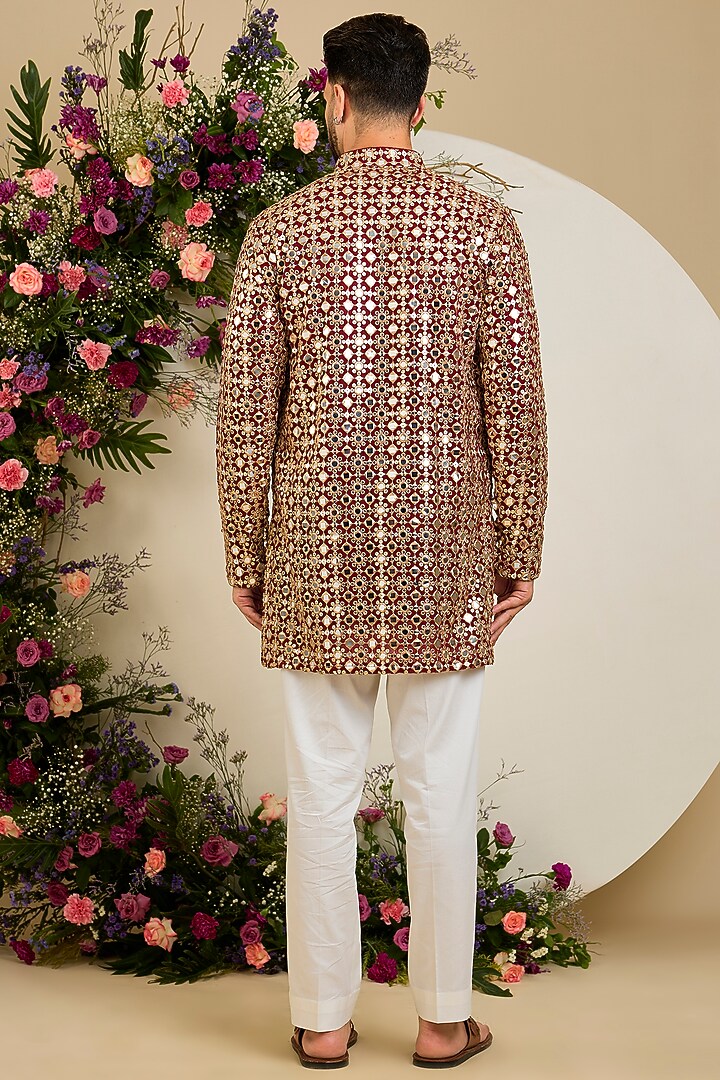 Maroon Georgette Sequin Embroidered Short Kurta by Kasbah Clothing at Pernia's Pop Up Shop